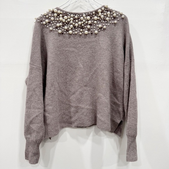 Anthropologie Moth Cardigan Sweater Pearl Neck Taupe Grey Alpaca Wool Large - Picture 2 of 11